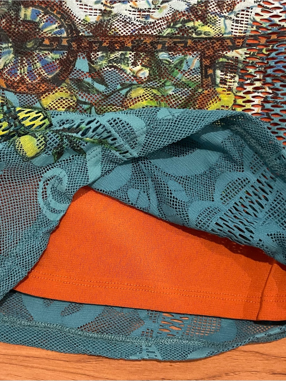 Save The Queen Y2K Turquoise Floral Mesh sleeveless Cami with Orange Trim medium - Picture 7 of 11
